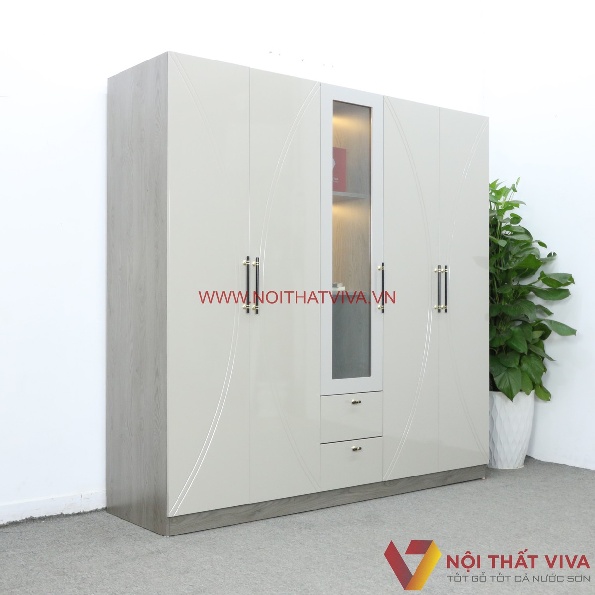 Tủ Quần Áo Thông Minh Hiện Đại 5 Cánh Sơn 2K Màu Xám Chạm Hoạ Tiết Đẹp
