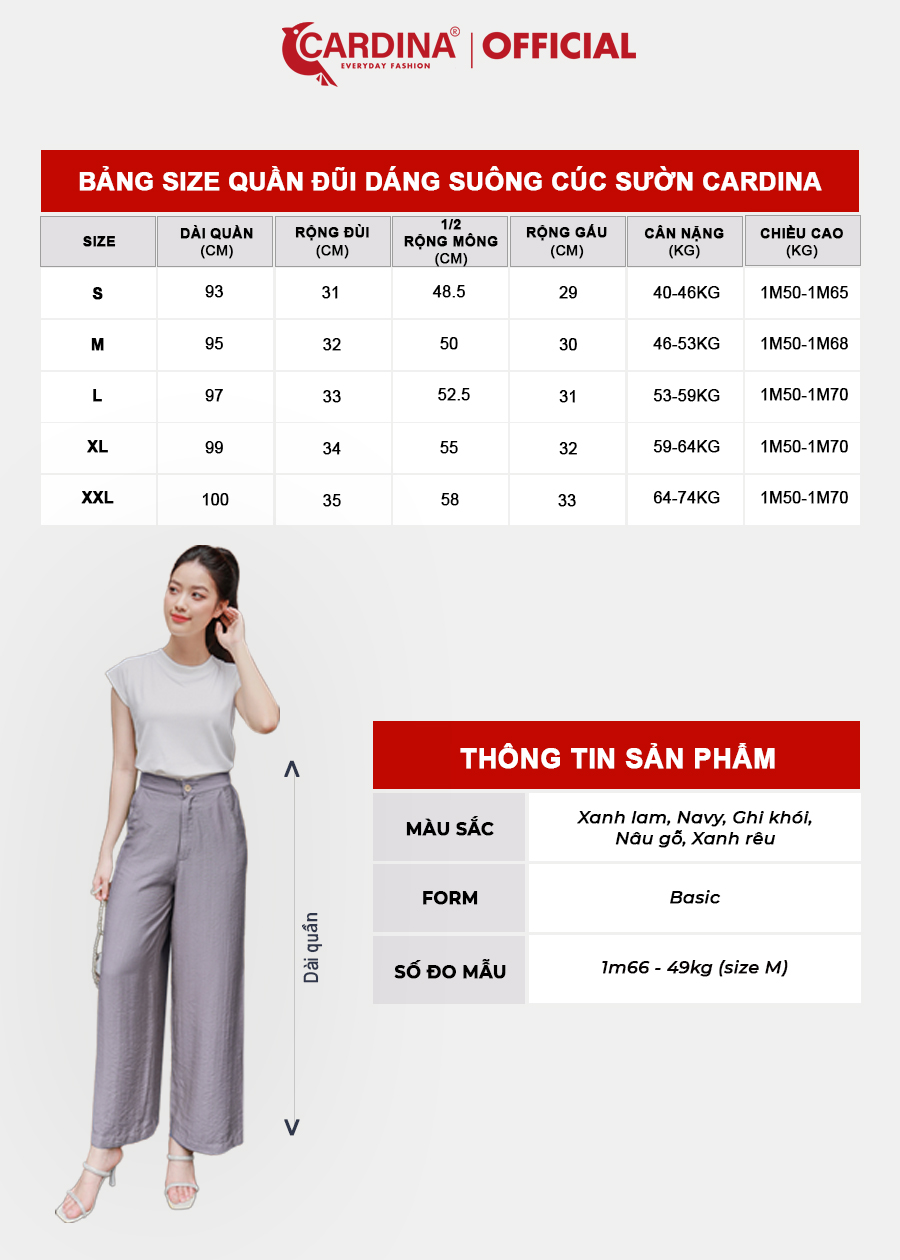 Quần Suông Nữ CARDINA Chất Đũi Bamboo Cao Cấp Cúc Sườn Tinh Tế Che Khuyết Điểm 3QF09