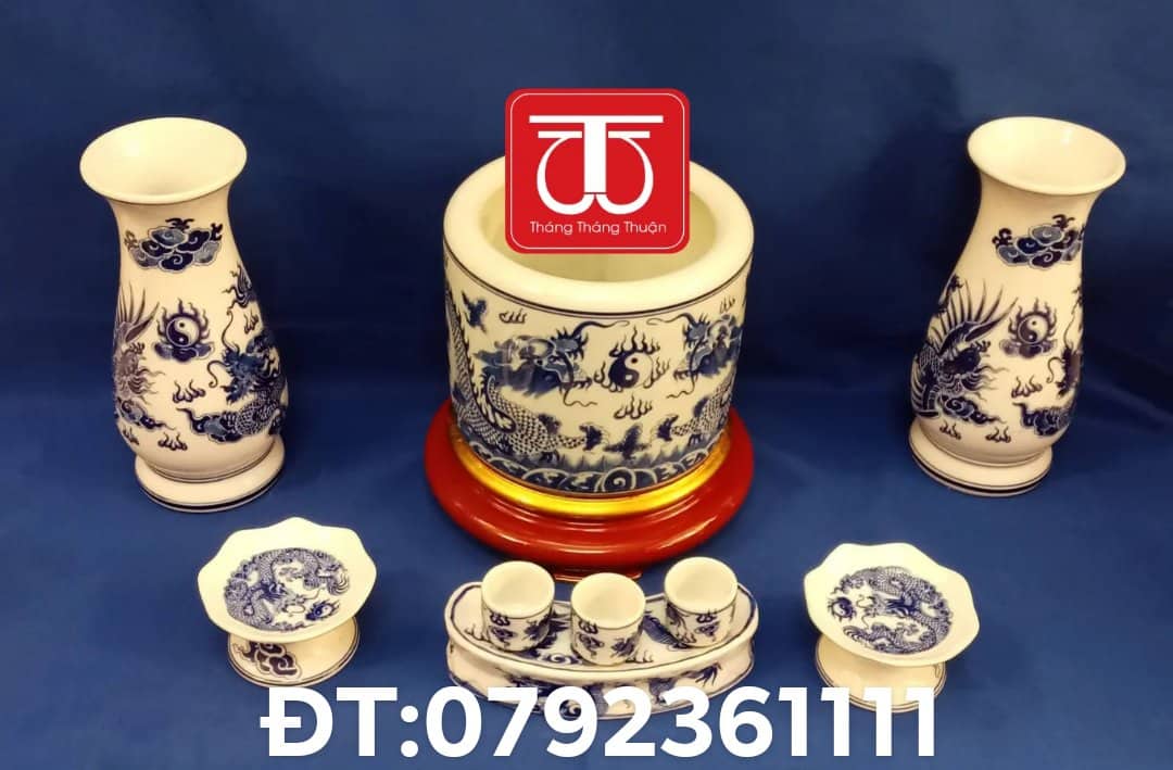 BỘ BÁT HƯƠNG VẼ RỒNG ĐẾ GỖ SƠN SON THẾP VÀNG
