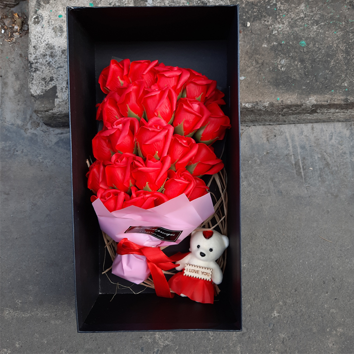 Hộp quà tặng phụ nữ 20/10 đóa hoa hồng sáp có kèm gấu I LOVE YOU - Quà dịp lễ tình nhân 8/3, sinh nhật