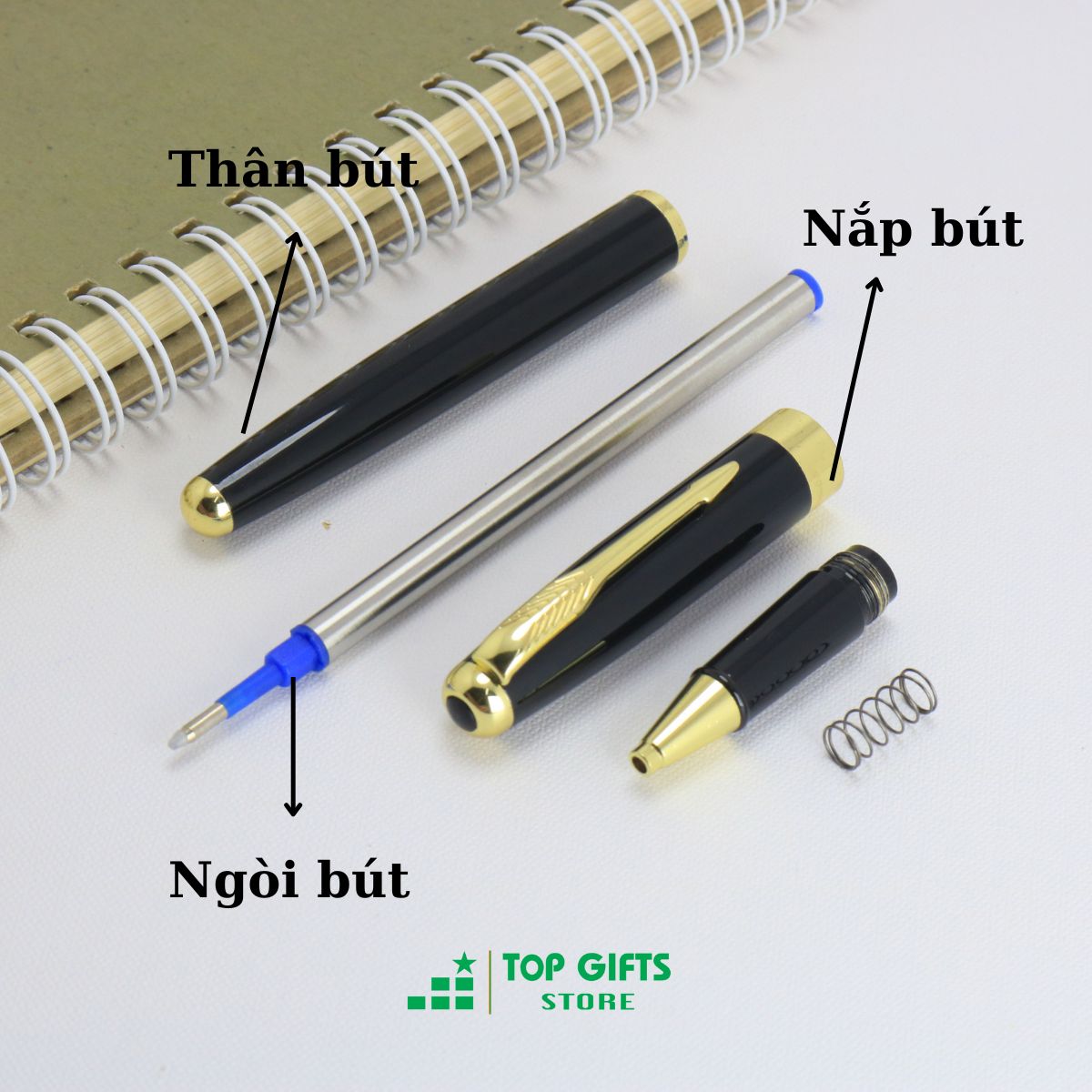 Bút khắc tên IM034 - Đen viền vàng ngòi 0.5mm mực xanh + Hộp bút