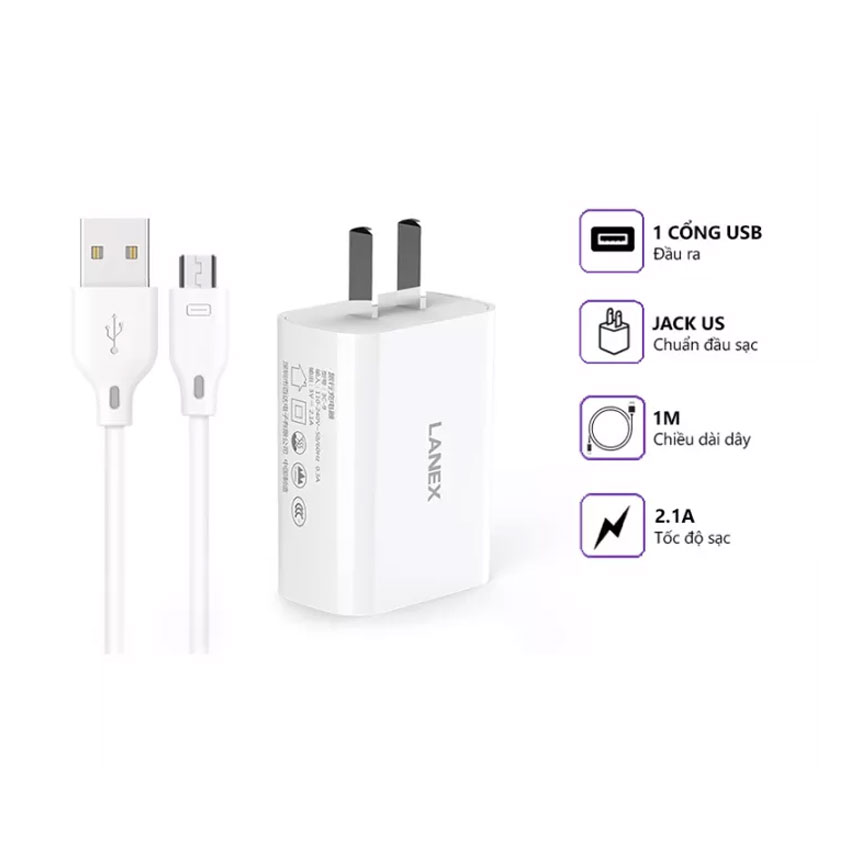 Bộ cốc sạc, cáp sạc nhanh MicroUSB LANEX LCK-01AM cổng USB 2.1A dây 1M - Hàng chính hãng