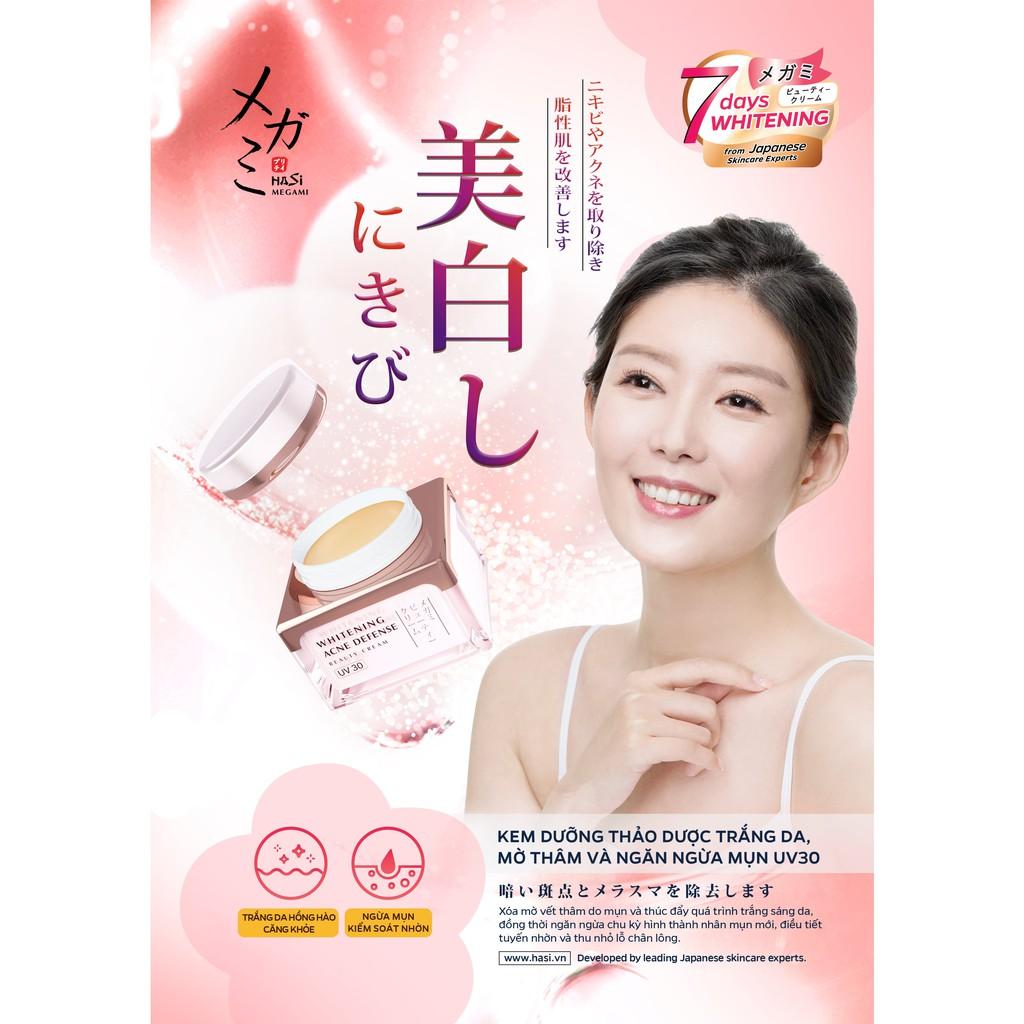 KEM DƯỠNG THẢO DƯỢC TRẮNG DA, MỜ THÂM VÀ NGĂN NGỪA MỤN UV30 - HASI MEGAMI WHITENING ACNE DEFENSE BEAUTY CREAM