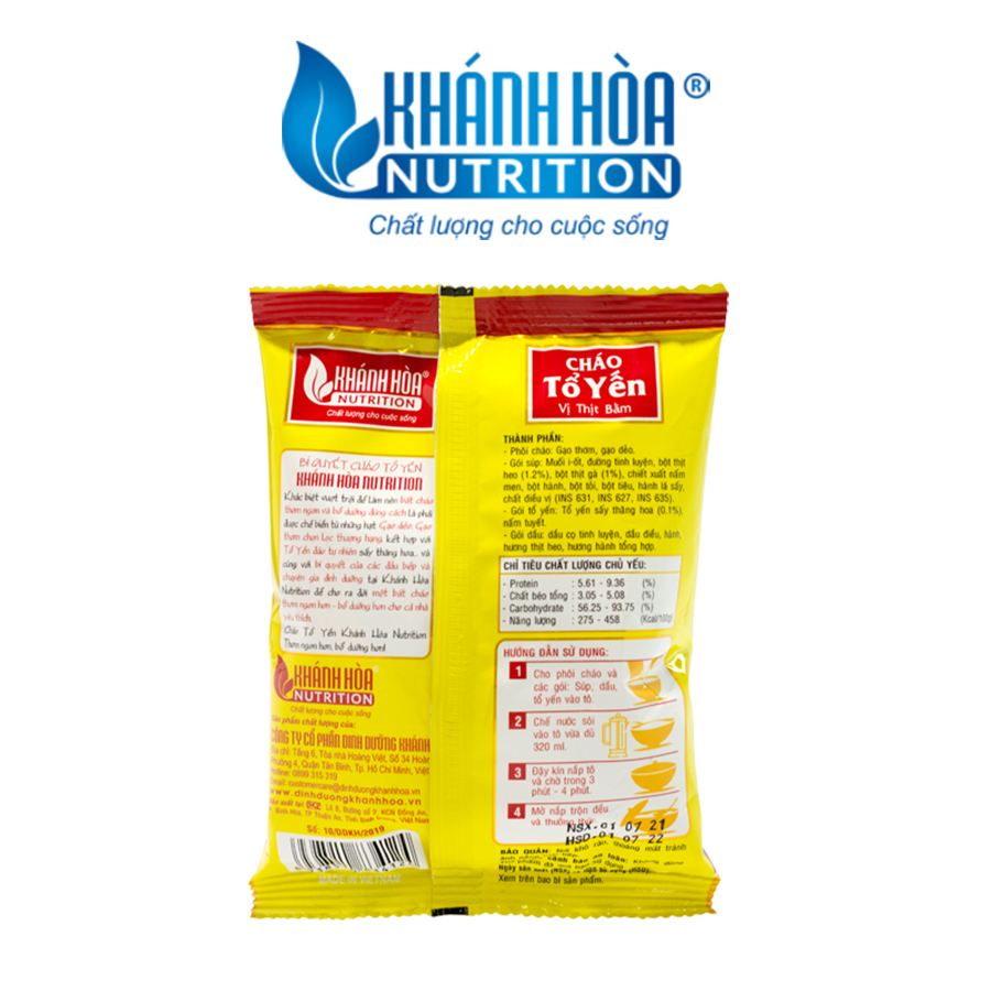 Cháo Tổ Yến Cao Cấp Vị Thịt Bằm - Khánh Hòa Nutrition - Thùng 30 gói  x 50g