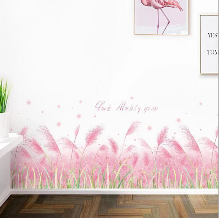 Decal dán chân tường Cỏ bông lau hồng dễ thương đẹp mộng mơ