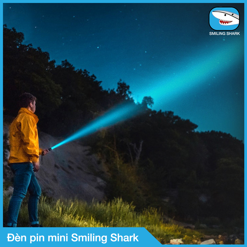 Đèn pin mini siêu sáng Smiling Shark, tầm chiếu xa 50 - 200m, cho vừa túi quần, pin siêu khoẻ, chiếu sáng sương mù, chống nước, sạc USB, gắn xe đạp hoặc mang theo dã ngoại đa dụng nhỏ gọn - Hàng Chính Hãng