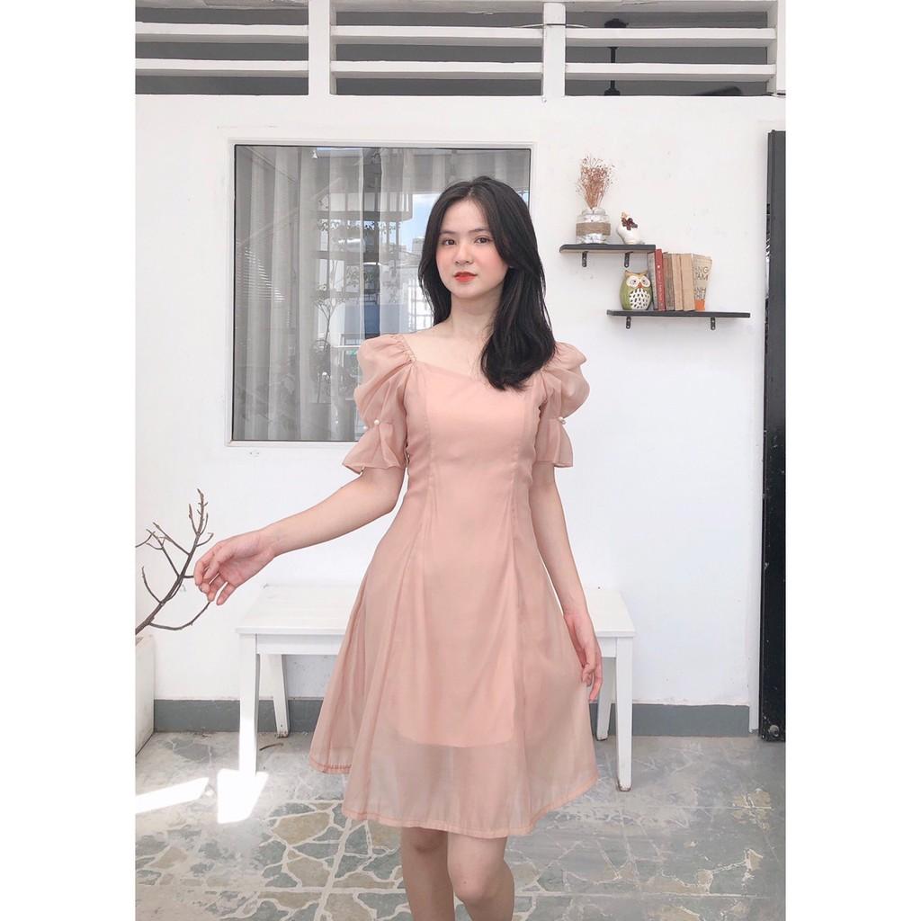 ĐẦM DỰ TIỆC VOAN XỐP PHỒNG 2 LỚP CỔ TIM TAY ĐÍNH HẠT CƯỜM DÁNG XÒE-hình thật shop chụp