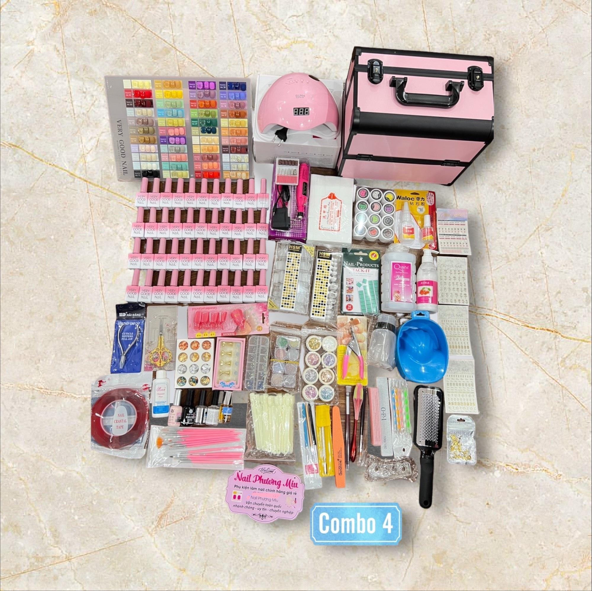 Combo Dụng Cụ Làm Móng Đầy Đủ Số 4, Bộ Phụ Kiện Làm Nail Chuyên Nghiệp Sơn Very Good Nail 44 Màu, Máy Hơ Sun 5, Cốp Nhôm Nữ