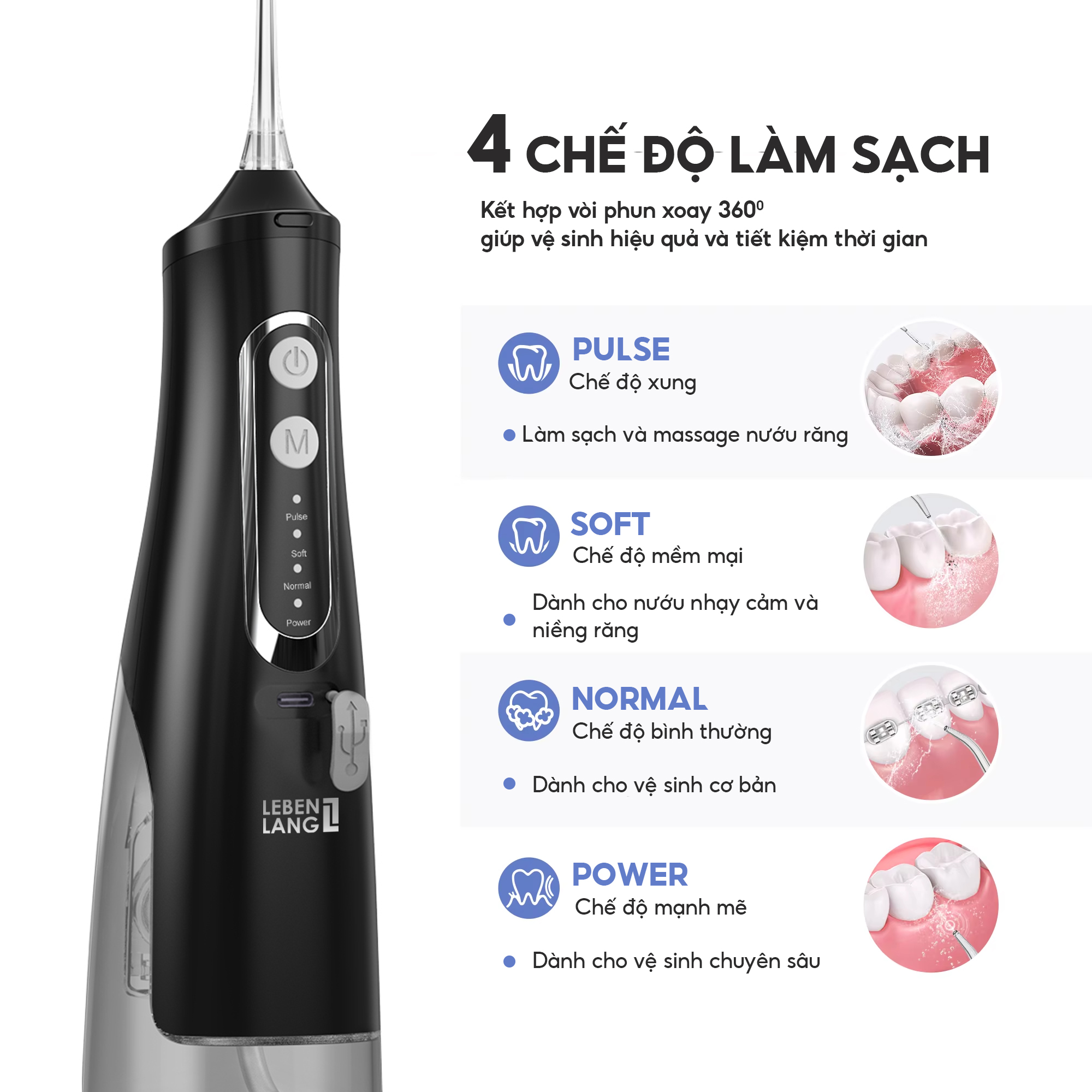 Máy tăm nước Lebenlang cầm tay LBT1488, 6W, chống thấm nước 2000mah, 310ml, tích hợp pin, bảo hành 2 năm - hàng chính hãng