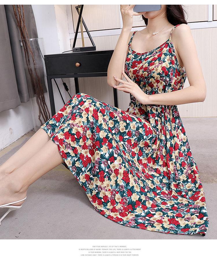 DONGSHOP Mùa hè 2023 Hàn Quốc phiên bản có thể điều chỉnh treo vest đầm mỏng mỏng trung bình dài hoa bãi biển váy