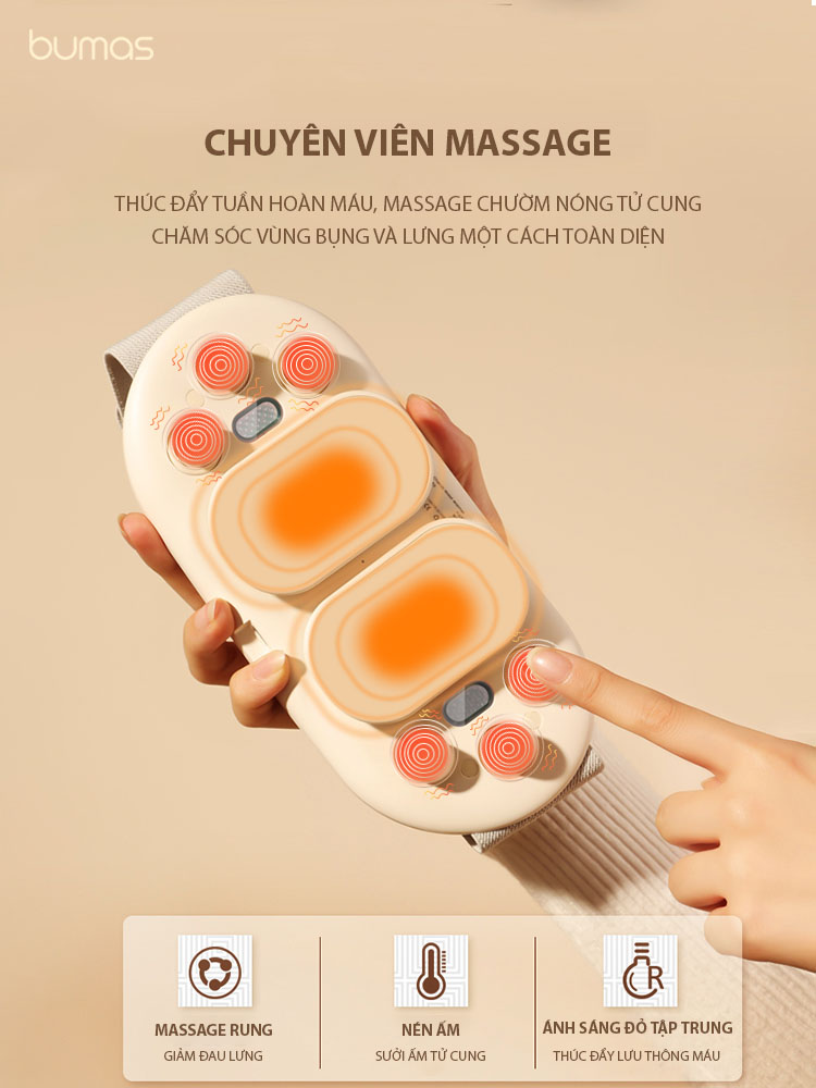 Máy Massage Chườm Nóng Giảm Đau Bụng Kinh BUMAS BU01 - Hỗ Trợ Cải Thiện Da Sau Sinh - 2 Mức Nhiệt - 3 Chế Độ Massage - Hàng Chính Hãng