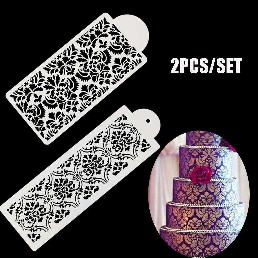 LONTIME 2PCS Wedding Supplies Cupcake Stencil DIY Template Fondant Mold Cake Damask Lace Border Pastry Making Sugarcraft Baking Mould Plastic Cake Decorating Tool