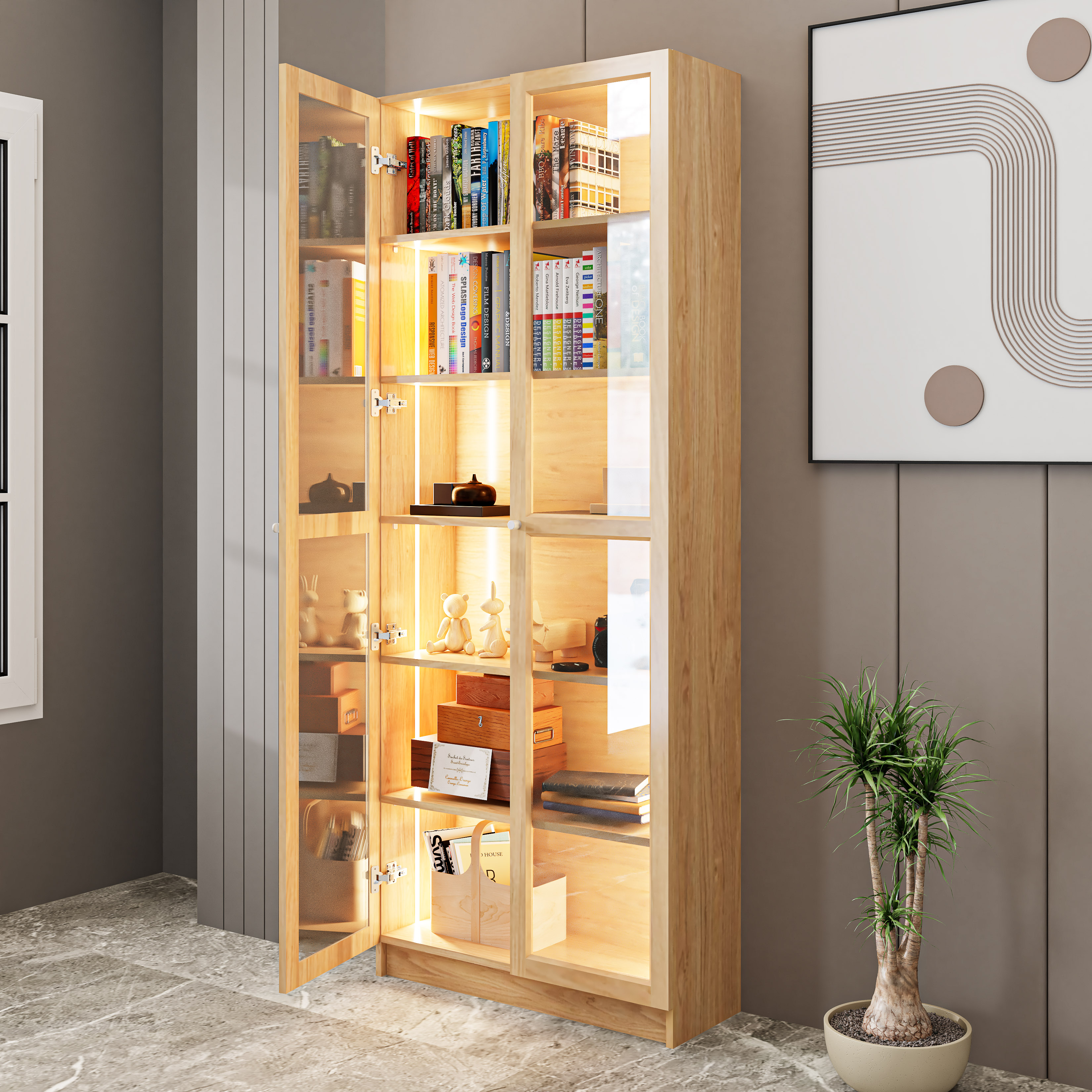 [Happy Home Furniture] CATY, kệ sách 6 tầng cửa kính tích hợp đèn LED, 80cm x 30cm x 202cm (DxRxC), KSA_010_LED