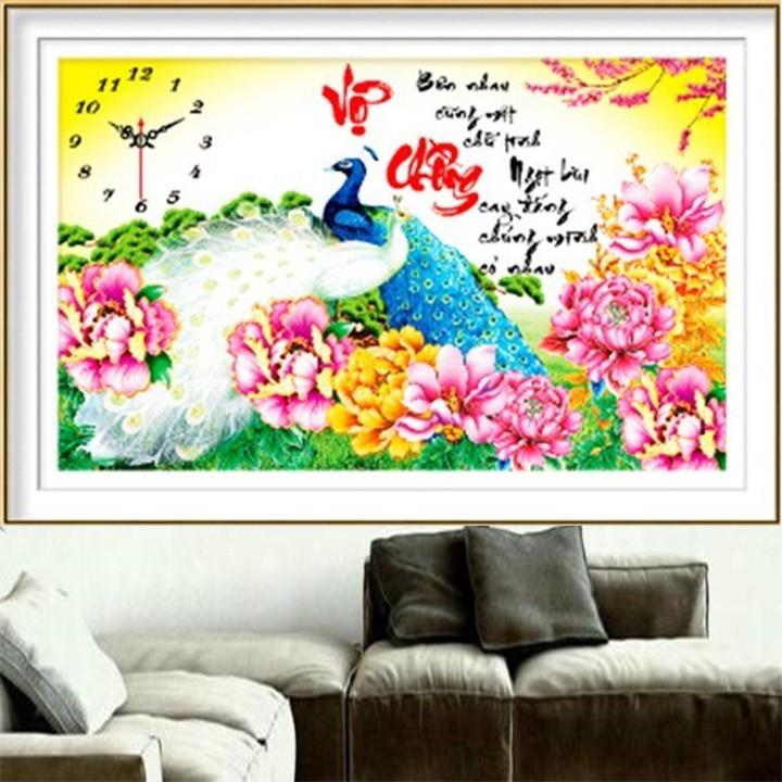 Tranh đá vợ chồng công hoa mẫu đơn đồng hồ LV122 - kích thước: 76 * 49cm.