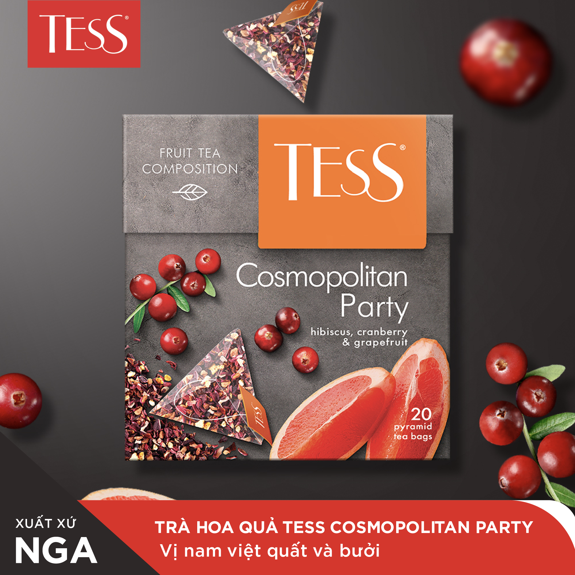 Trà hoa quả Tess Cosmopolitan Party vị nam việt quất và bưởi 20 gói/hộp