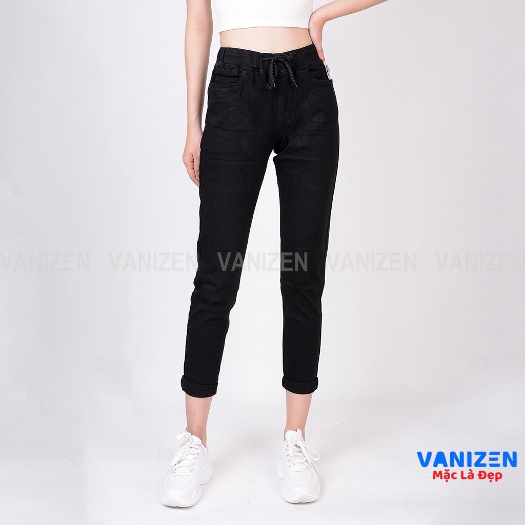 Quần jean nữ ống rộng baggy đẹp lưng cao cạp chun màu đen trắng trơn hàng hiệu cao cấp mã 339 VANIZEN