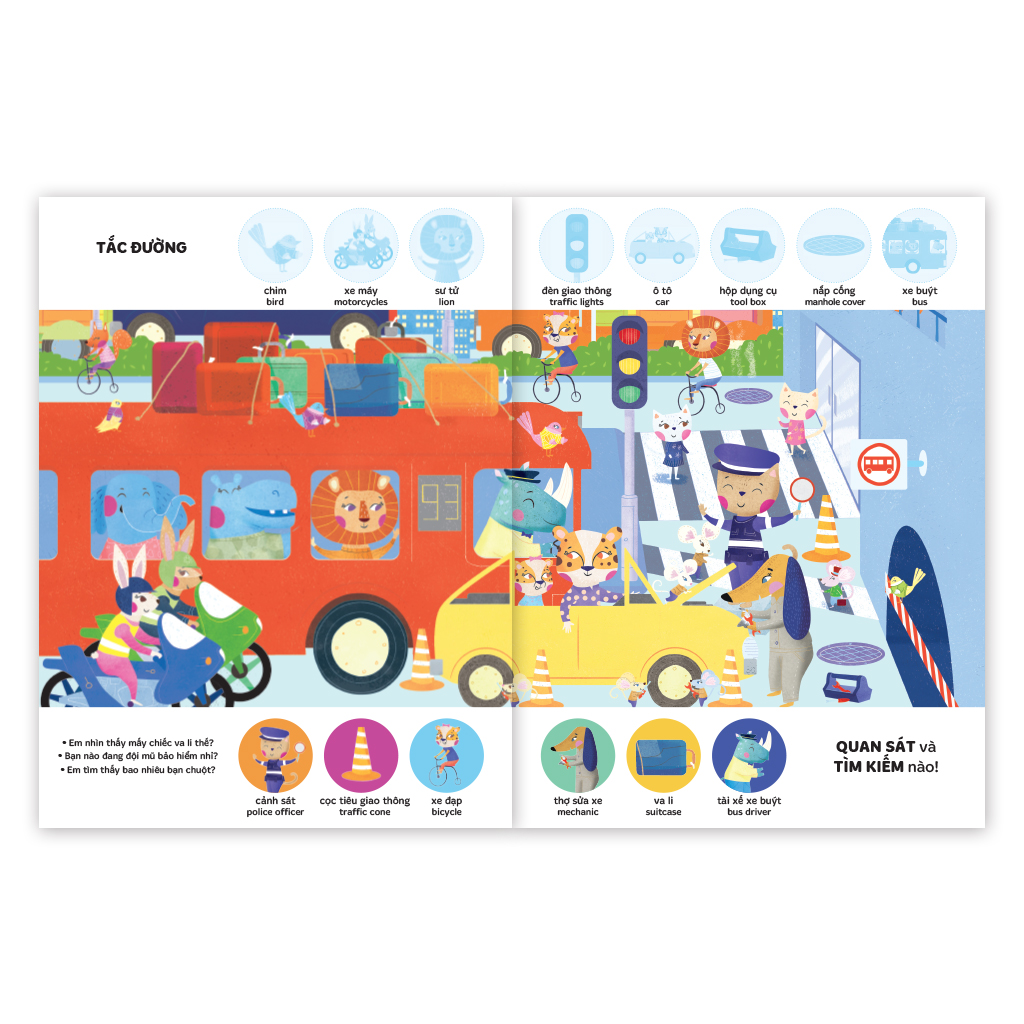 Sách cho bé - Tìm Kiếm Thông Minh - Phát Triển Khả Năng Tập Trung LOOK, FIND &amp; STICKER - Phương tiện di chuyển - Sách song ngữ - Dành cho trẻ 3-6 tuổi