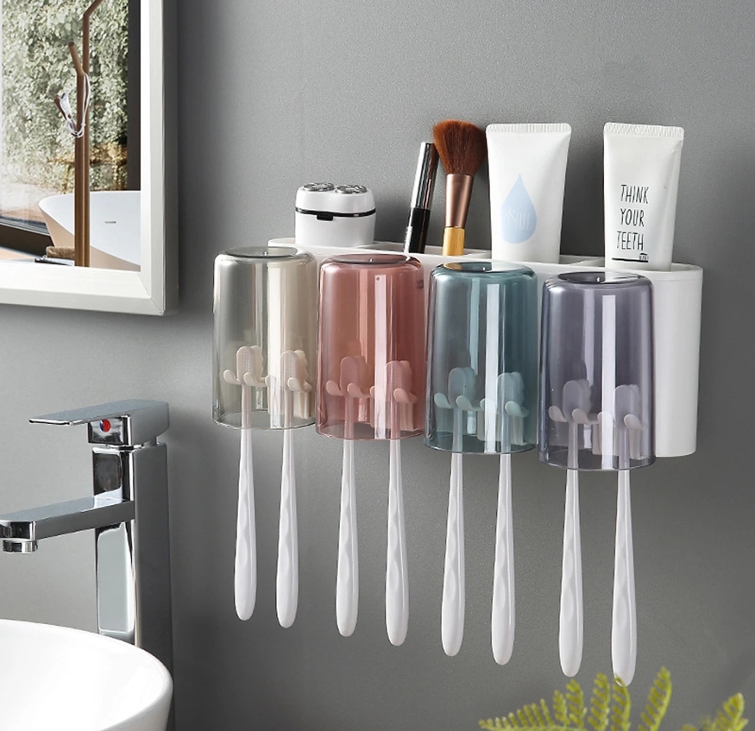 Bộ dụng cụ nhả kem đánh răng tự động 4 cốc 1 nhả kem và giá treo bàn chải đa năng PHT SUS-ECOCO-E1922-chất liệu ABS cao cấp
