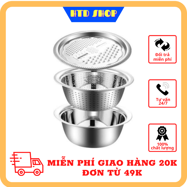 Bộ Chậu, Rổ inox kèm Nạo rau củ tiện lợi - kích thước 26x10x12cm