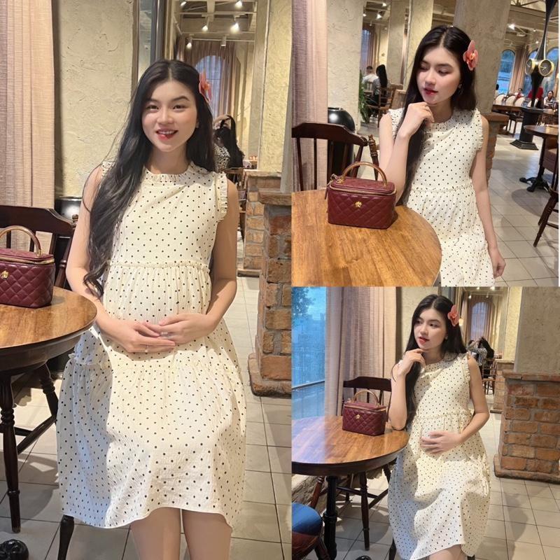 Đầm bầu chấm bi cổ xếp bèo phối tùng liền dễ thương  chất cotton Hàn ( 2 lớp ) - Trắng kem