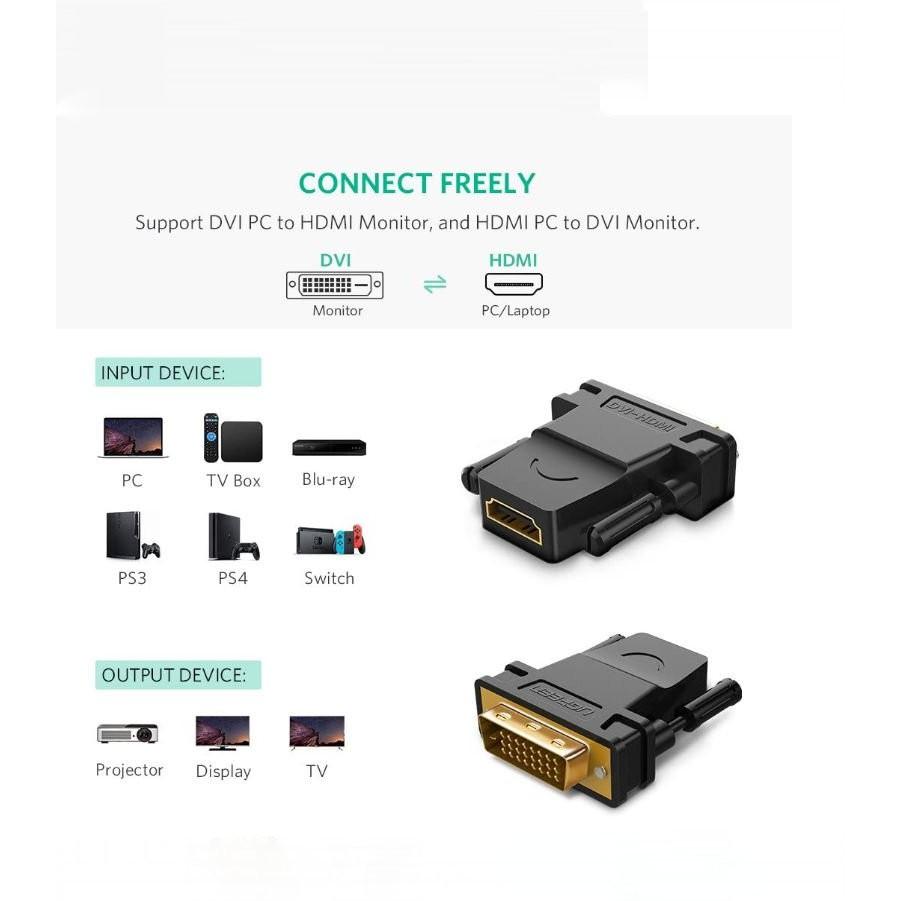 Đầu chuyển đổi UGREEN 20124 HDMI cái sang DVI 24+1 đực (màu đen) - Hàng chính hãng