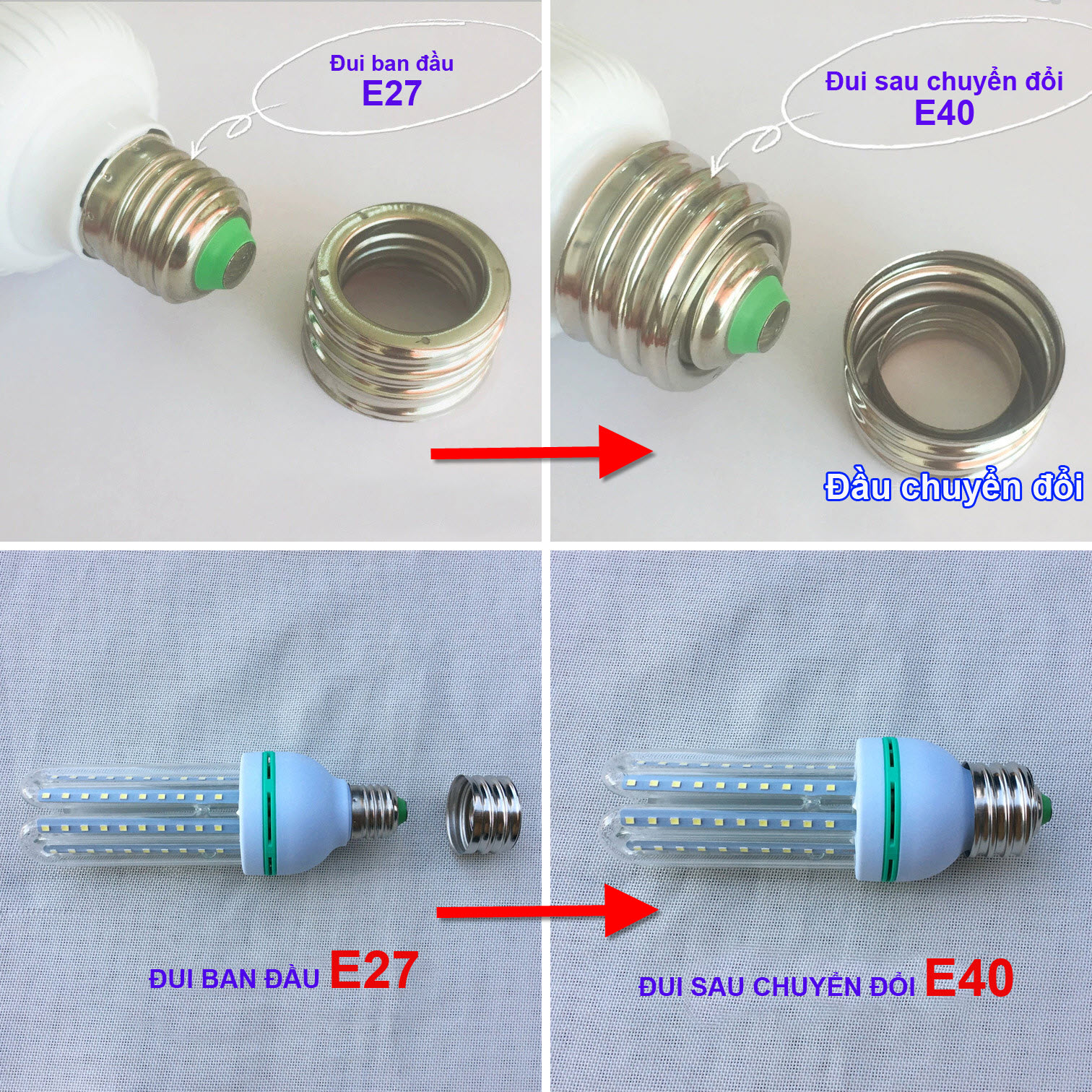 Bộ 5 đầu chuyển đổi đui đèn đui xoáy E27-E40 V2