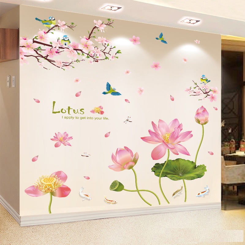 Decal dán tường hoa đào và sen combo trang trí tết sang  trọng dán được trên kính/gỗ