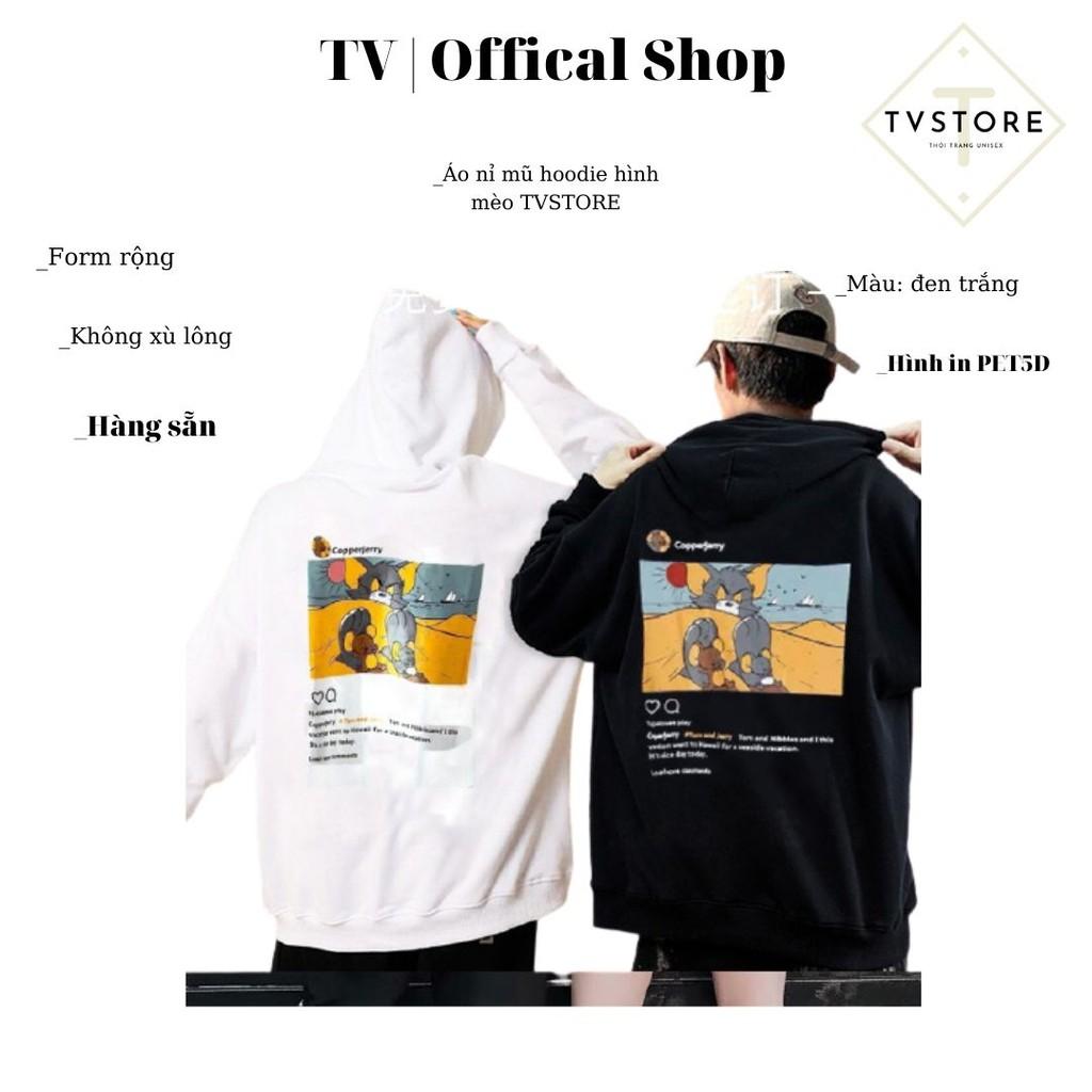 Áo hoodie nỉ TVSTORE ️ áo in hình mèo và 2 chú chuột nỉ cotton dày co giãn siêu ấm tay bồng form rộng màu trắng