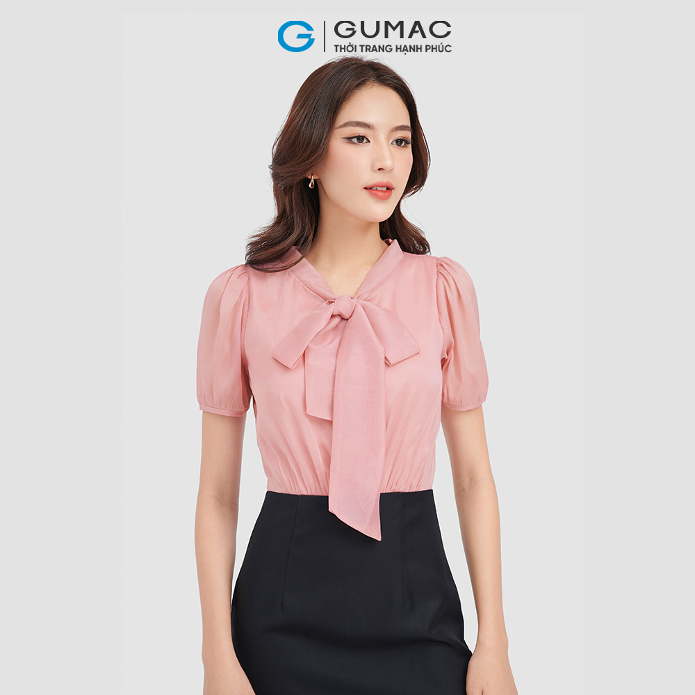 Đầm form U GUMAC DC09071 cổ nơ nhún eo thanh lịch