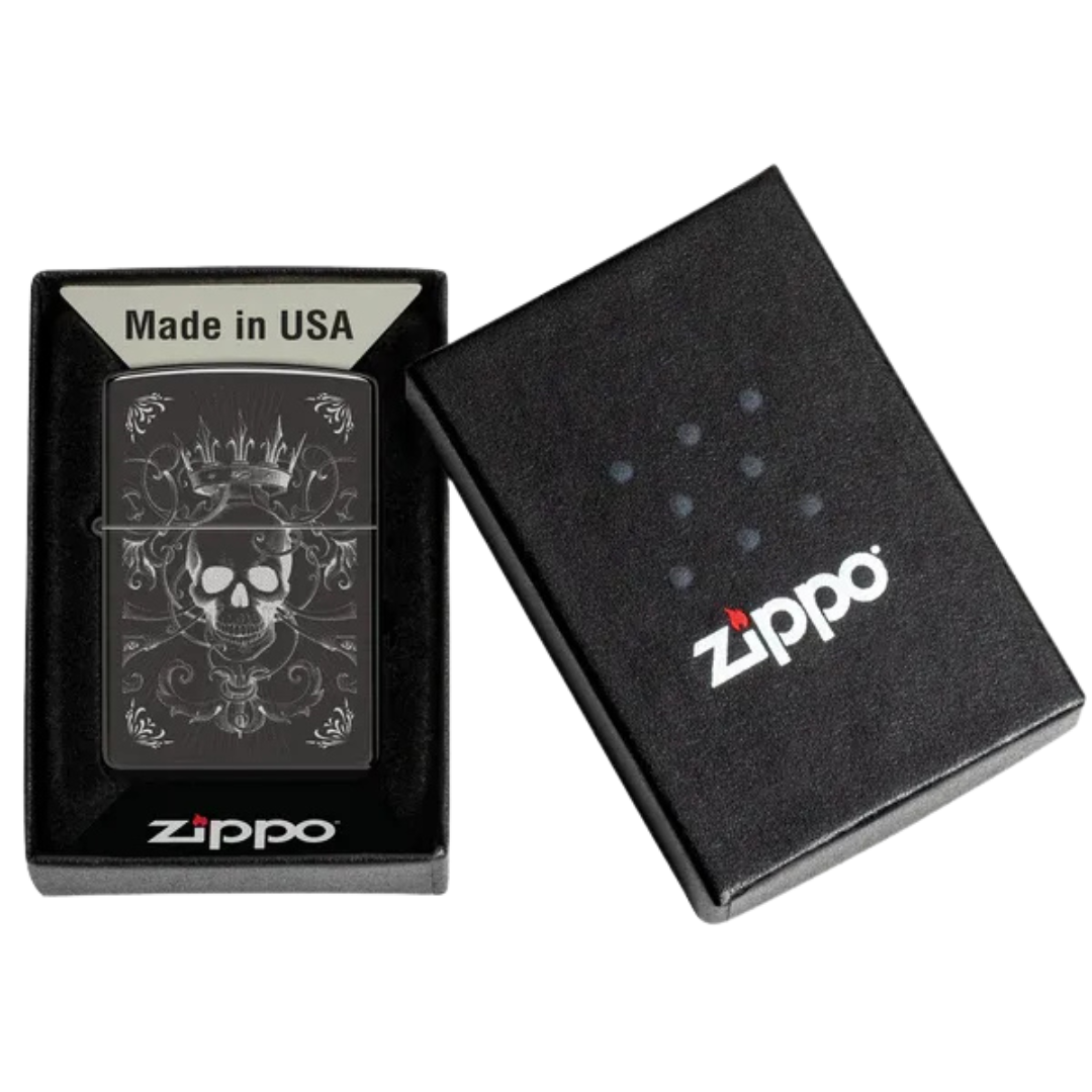 Bật Lửa Zippo Chính Hãng Mỹ Royal Skull Design – Họa Tiết Đầu Lâu Vương Giả, Vỏ Đen Bóng Gương Khắc Laser Tinh Xảo