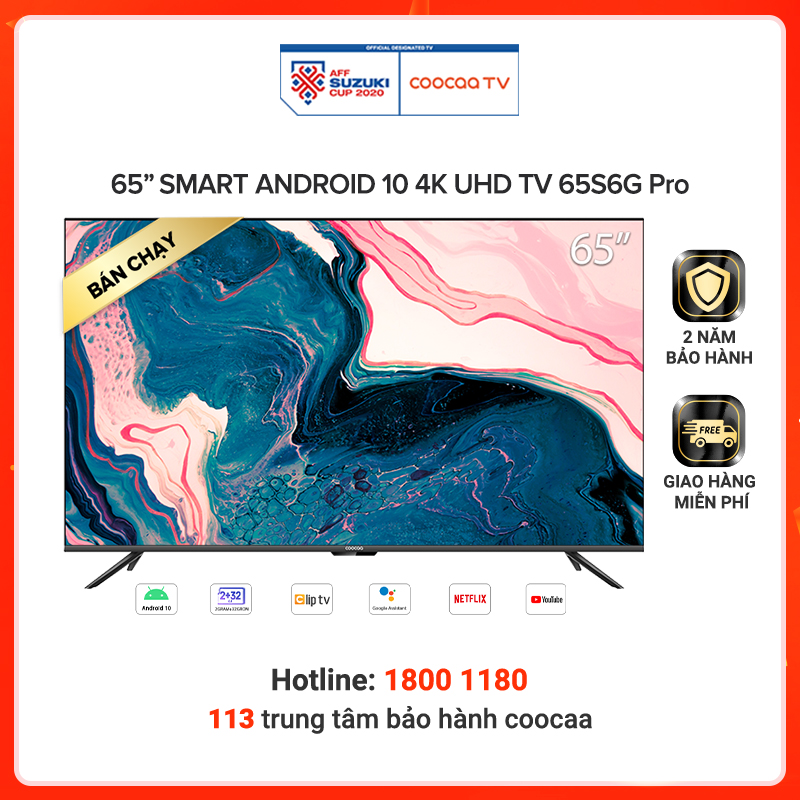Smart Tivi Coocaa Android 10.0 4K UHD 65inch - Model 65S6G PRO - Hàng chính hãng