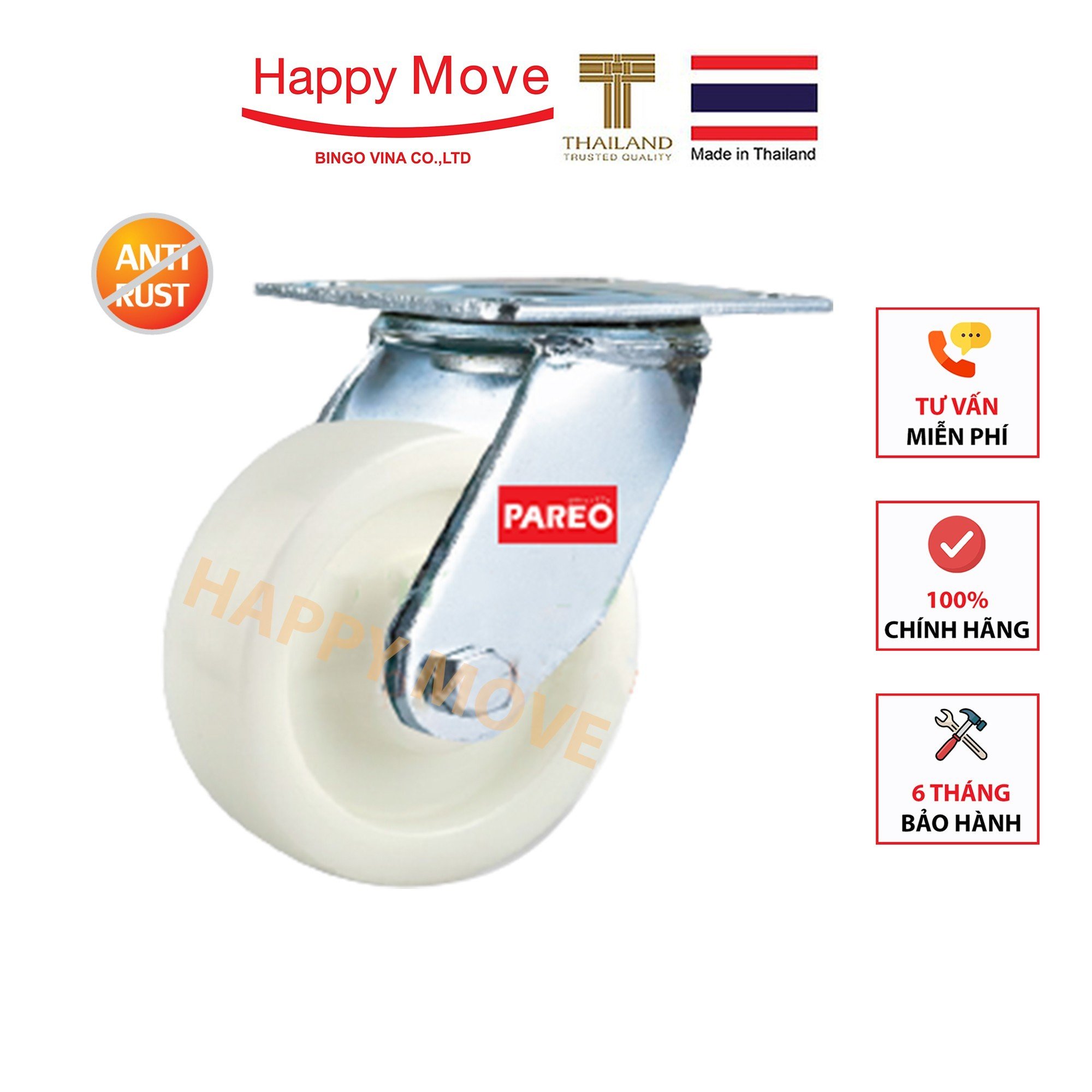 Bánh xe nylon trắng tải nặng càng Inox 304 xoay 360 độ - 100 - 125 - 150 - 200mm - Happy Move Thái Lan