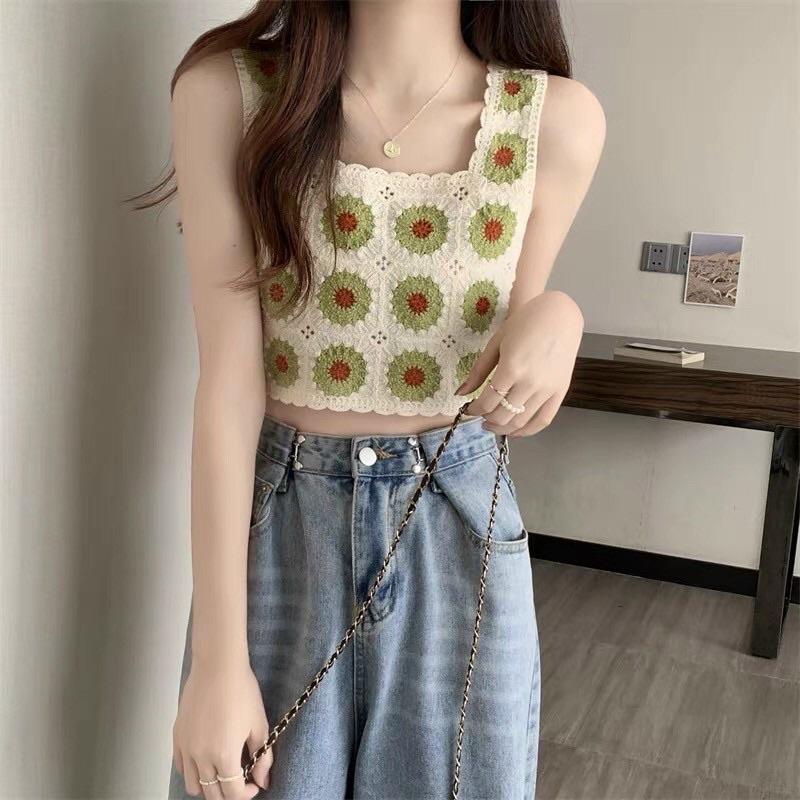 Áo 2 dây nữ len móc hoạ tiết hoa cúc croptop hàng QC