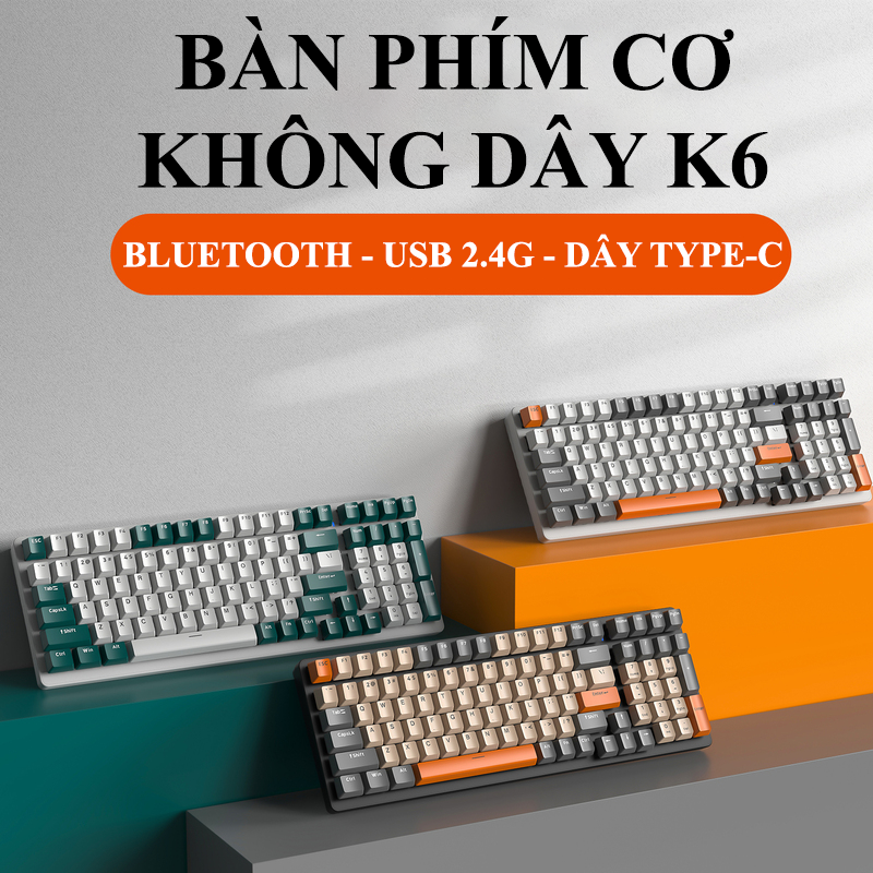 Bàn phím cơ không dây K6 Red Switch có hotswap kết nối bằng Bluetooth/ USB 2.4G/ Dây Type-C chuyên game phù hợp cho game thủ