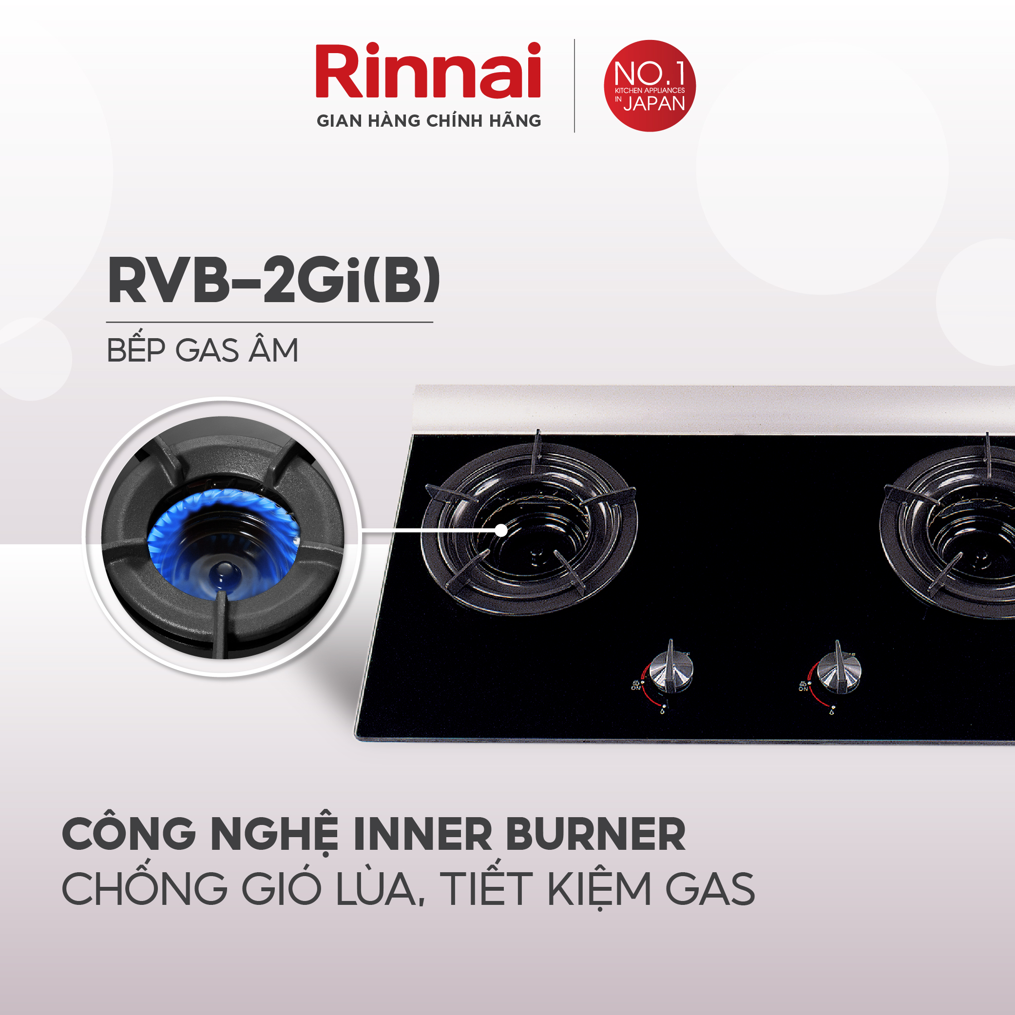 Bếp gas âm đầu đốt trong Rinnai RVB-2Gi mặt bếp kính và kiềng bếp men - Hàng chính hãng
