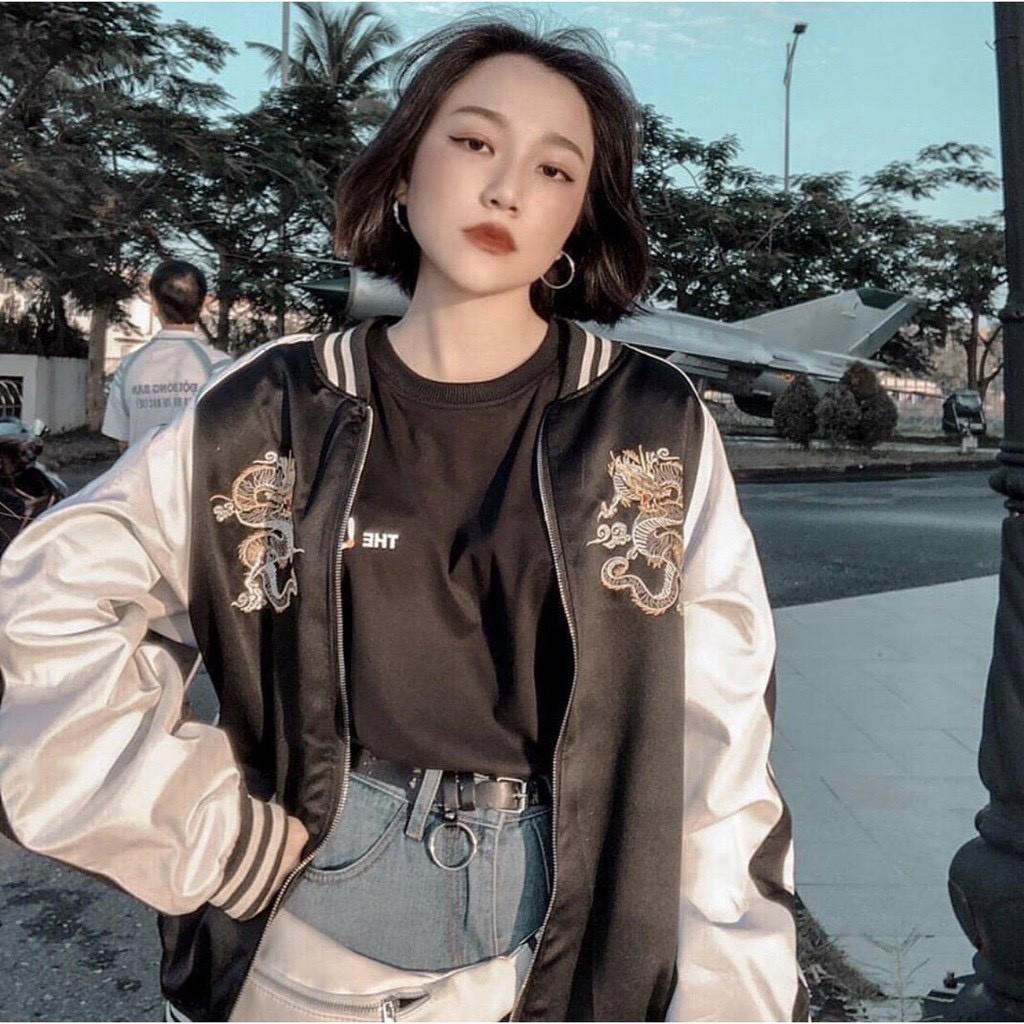 ÁO KHOÁC DÙ BOMBER UNISEX RỒNG ĐEN THÊU THE 1992