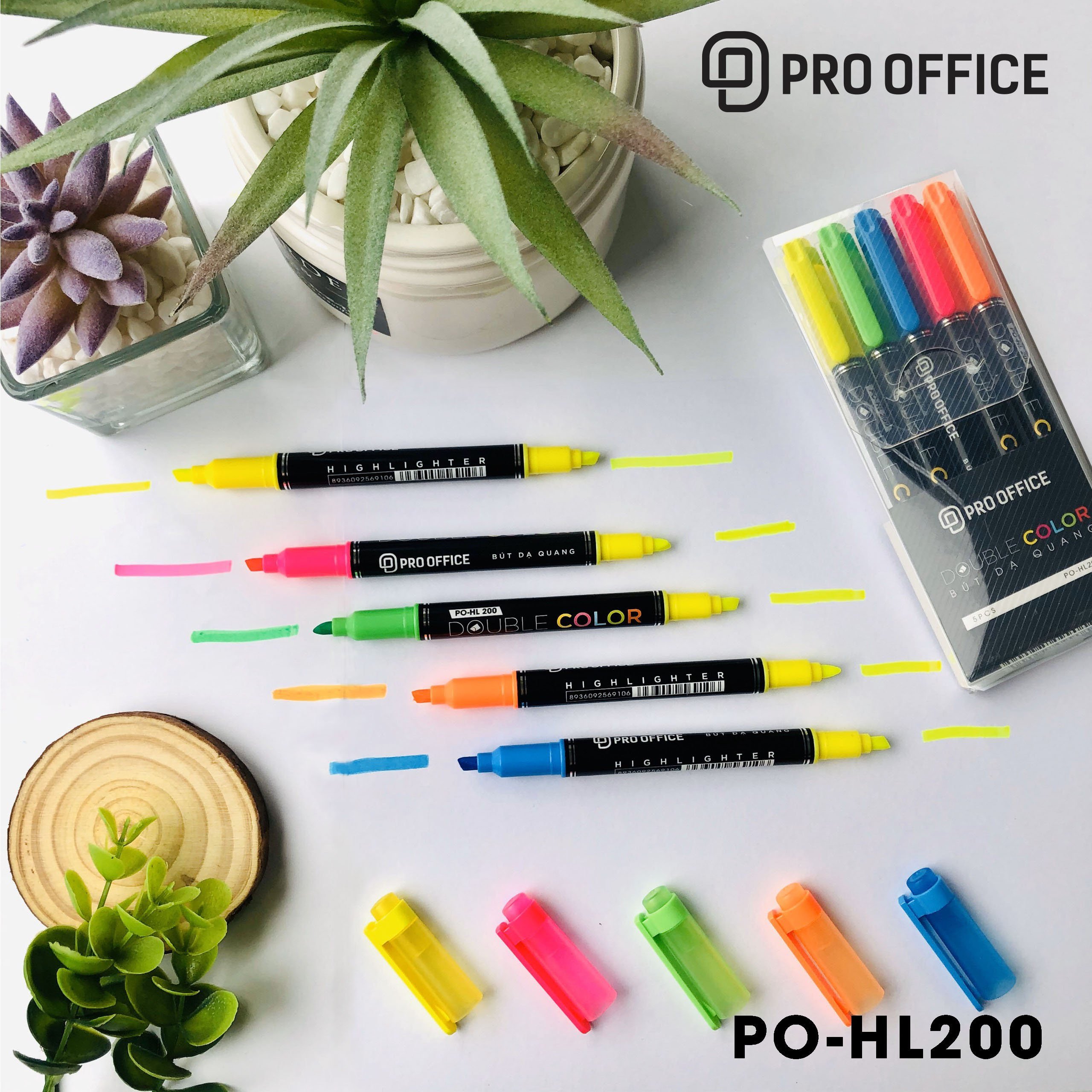 Bút highlight PRO-OFFICE 2 đầu - 1 bộ 5 màu - PO-HL200