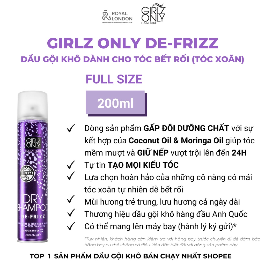 Dầu Gội Khô Giúp Tóc Sạch Gàu Và Bồng Bềnh Girlz Only For De-Frizz 200ml - Tím