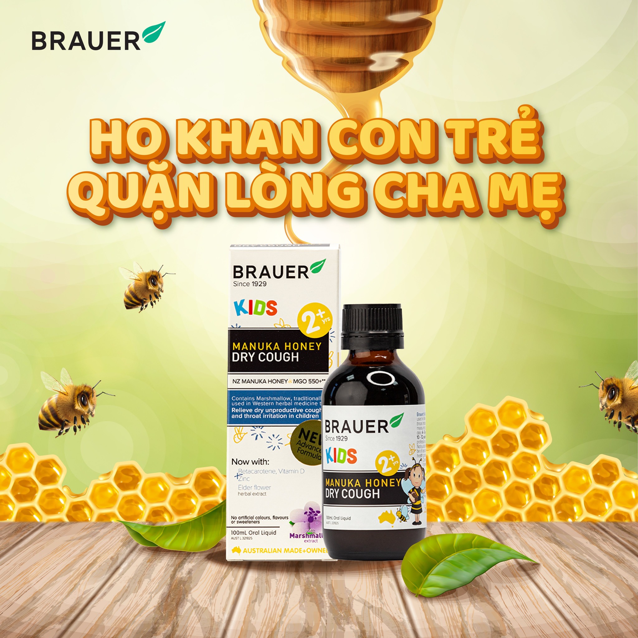 Siro hỗ trợ giảm ho cho trẻ từ 2 tuổi Brauer Manuka Honey Úc giảm ho, ngứa và rát cổ họng, làm mát và dịu cổ họng, tăng sức đề kháng - OZ Slim Store