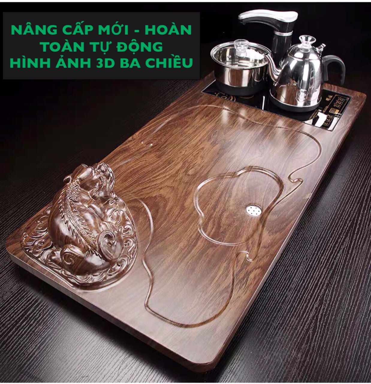 Bộ bàn trà điện thông minh đa năng tự động , khay trà đạo Tượng tỳ hưu -TH11 , khung gỗ cao cấp một bộ đủ món như hình