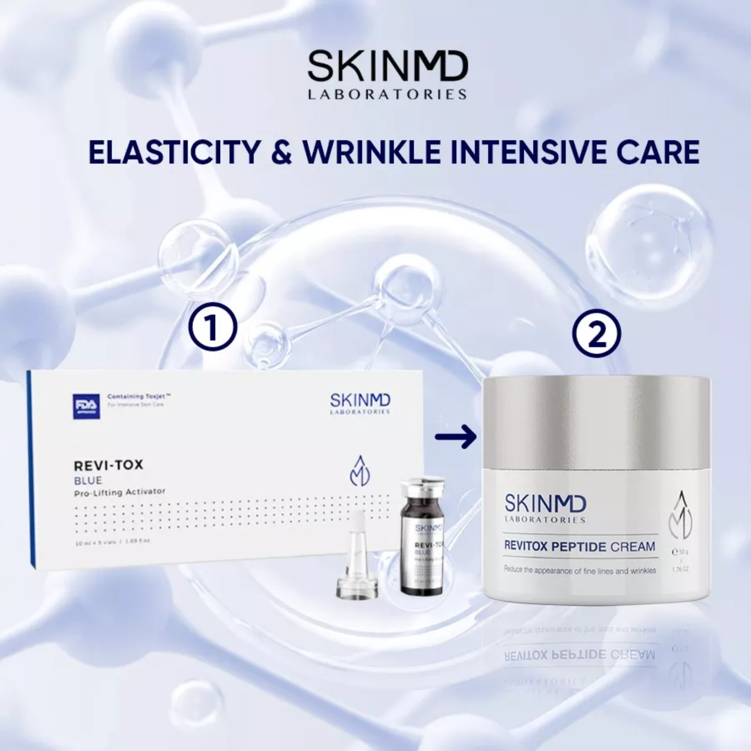 Huyết thanh xóa nhăn nâng cơ SKINMD REVI-TOX BLUE Pro-Lifting Activator Hộp 5 lọ x 10ml/lọ Phục hồi cấu trúc da, kích thích trẻ hóa tế bào và căng bóng