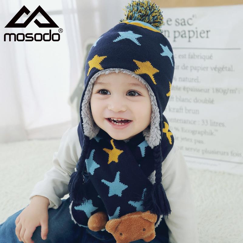 Dễ Thương Cotton Dệt Kim Mũ Len Cho Bé Quốc Dày Ấm Bé Gái Bé Trai Mũ Bò Mùa Đông Tai Ấm Áp Trẻ Em Bonnet trẻ Em Khăn Mũ Bộ