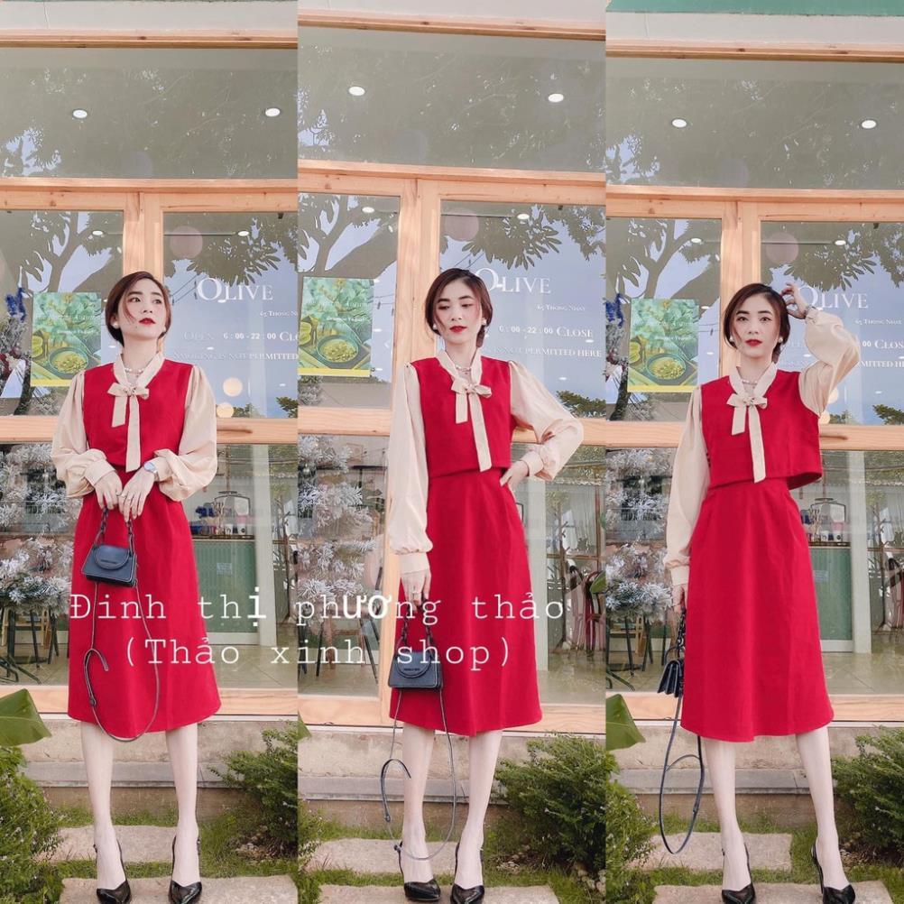 Set Chân Váy Đỏ Mix Áo Nơ Combo Áo Đỏ Phối Nơ Vàng Mix Chân Váy