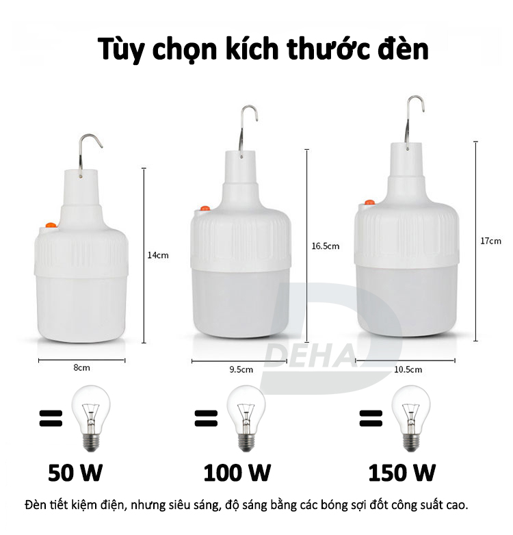 Bóng đèn Led sạc tích điện năng lượng mặt trời có móc treo, pin sạc dung lượng lớn, không cần dây điện, bulb chống nước, chiếu sáng du lịch, cắm trại camping, quầy hàng, câu cá, sửa xe (Tùy chọn công suất