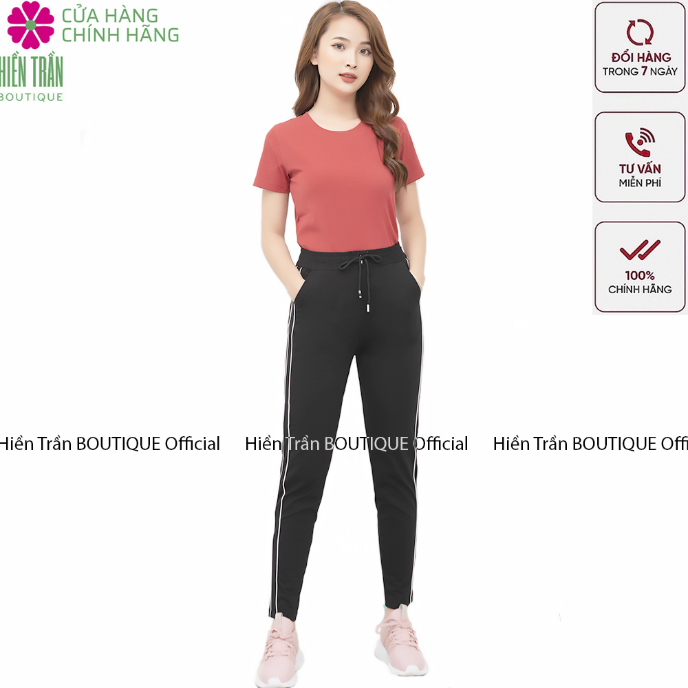 Quần jogger nữ Hiền Trần BOUTIQUE dáng dài cạp chun dây buộc, kiểu sọc nhí 2 bên