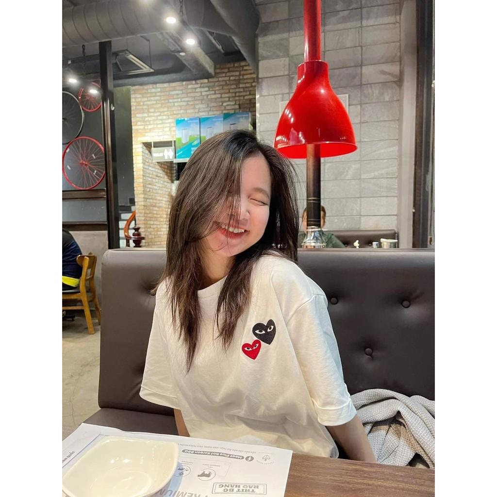 Áo Thun Cặp Nam Nữ Tay Lỡ Logo Trái Tim Đen Đỏ