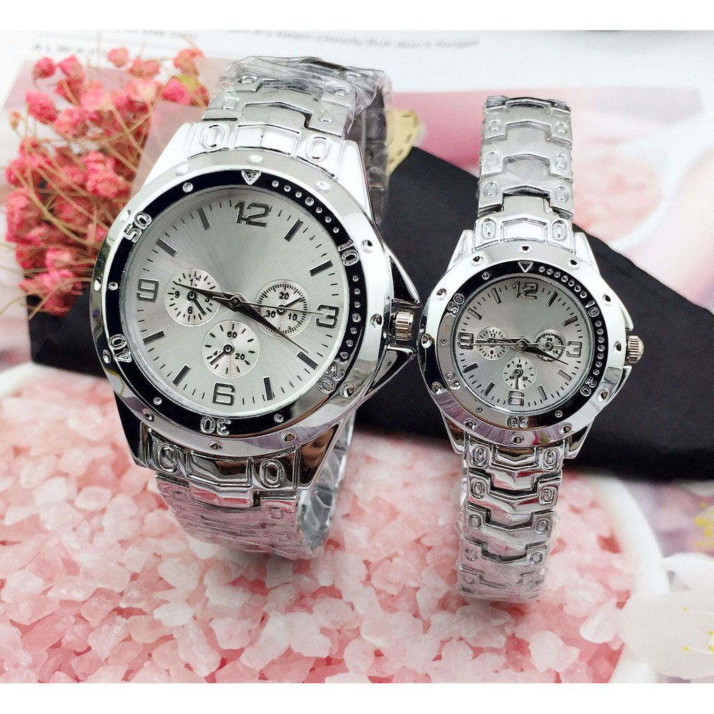 Đồng hồ thời trang nam nữ Rs1, mặt tròn dây kim loại màu bạc, mẫu đồng hồ cặp nam nữ hot, chạy 3 kim Giờ - Phút - Giây