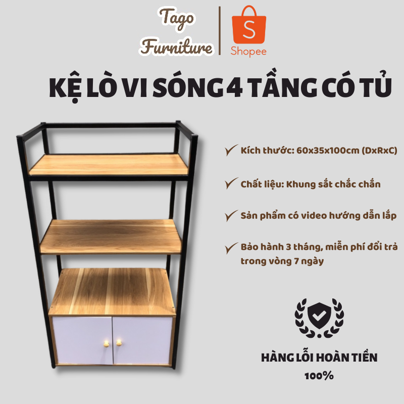 Kệ lò vi sóng 4 tầng tiện dụng, kệ bếp để lò nướng đa năng khung sắt có tủ từ gỗ MDF phủ Melamine 60x35x100 TAGO21