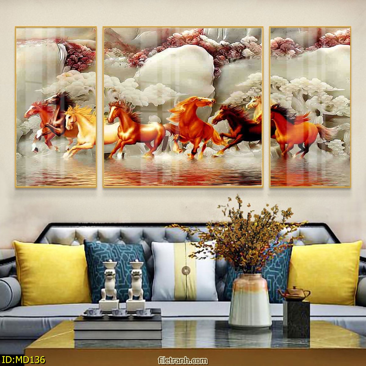 Tranh Trang Trí Phòng Khách, Phòng Ngủ Đẹp Phong Thủy - Tranh Canvas Bộ 3 Mã Đáo Thành Công Tuyệt Đẹp