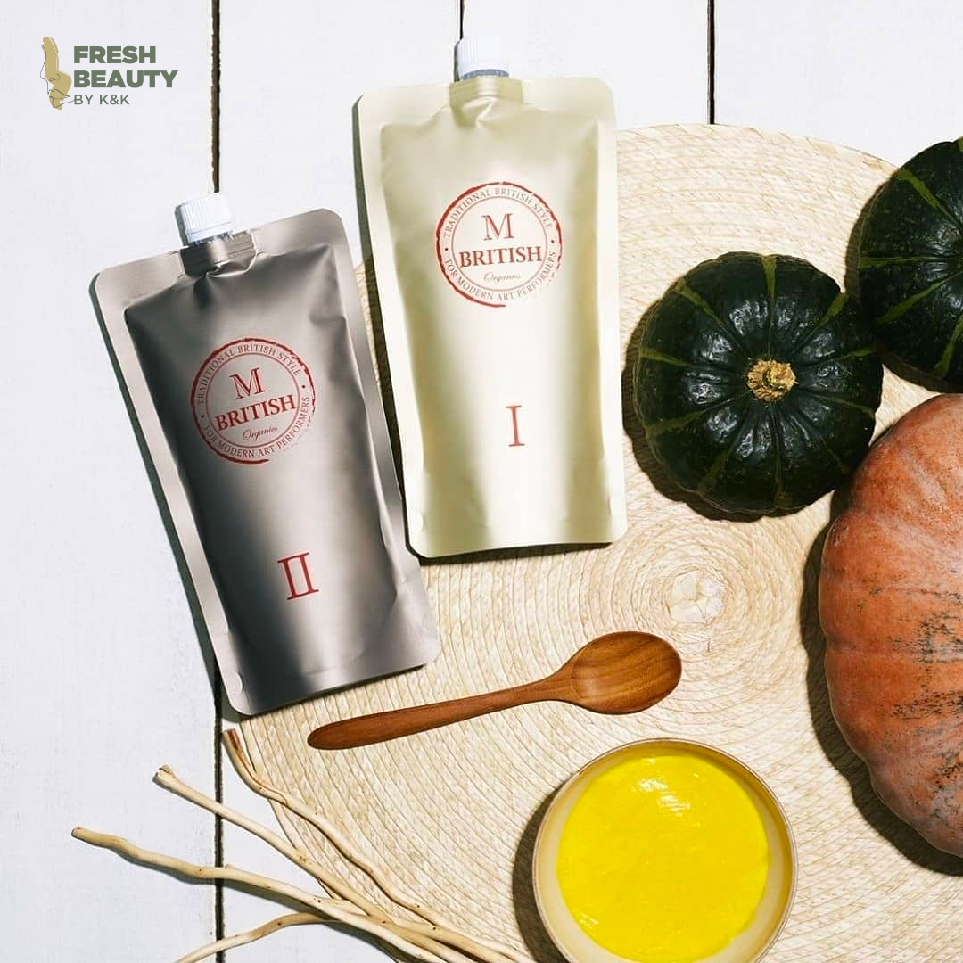 Cặp uốn, ép duỗi hữu cơ British M Pumkin Enzyme Perm phục hồi tóc hư tổn làm tại nhà, salon 400gx2